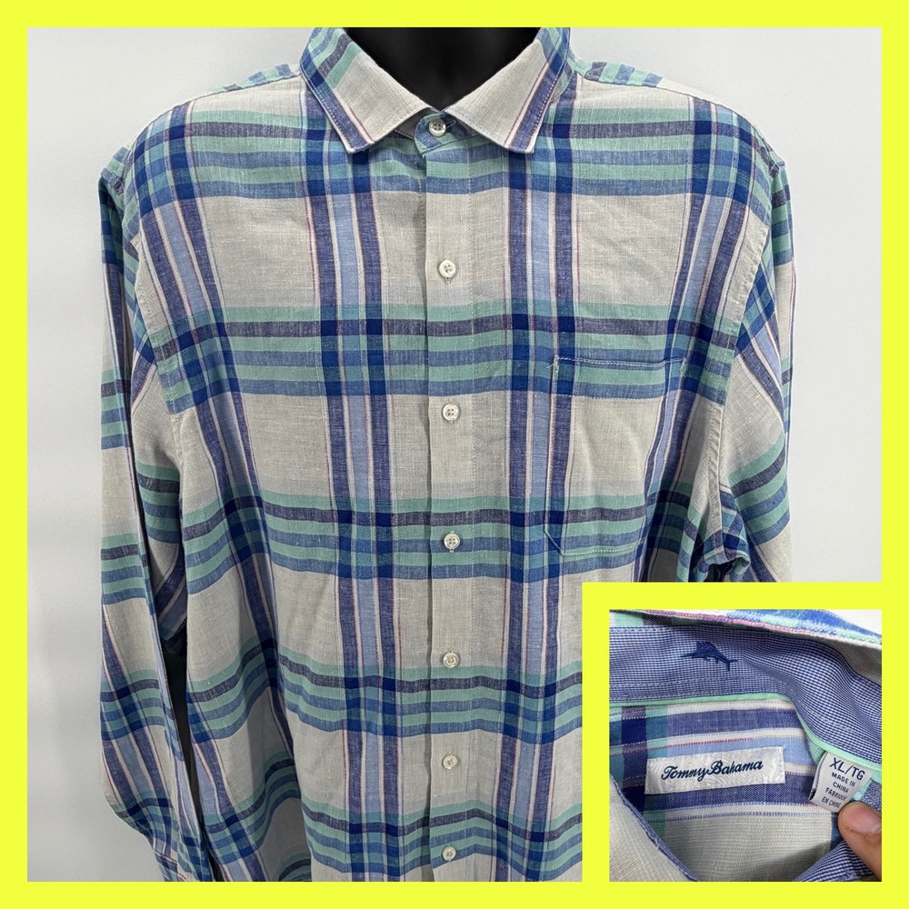 Tommy Bahama Button Up Shirt Mens XL Blue Green Plaid Linen Blend Long Sleeve